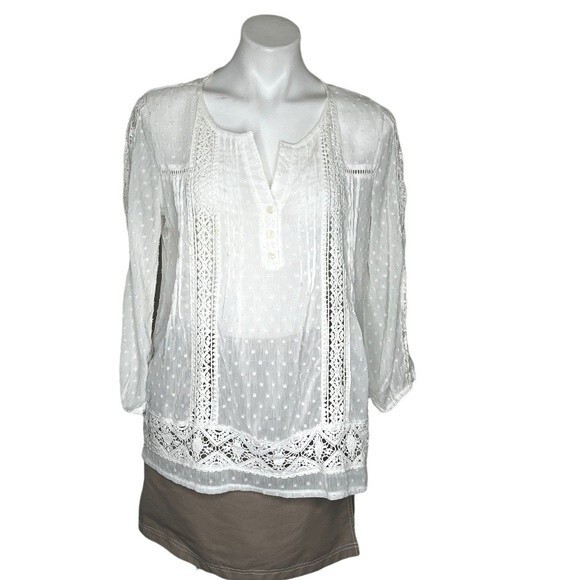 Solitaire Tops - SOLITAIRE Gauzy Crochet White Top Semi Sheer Swiss Dot Lace Size Medium